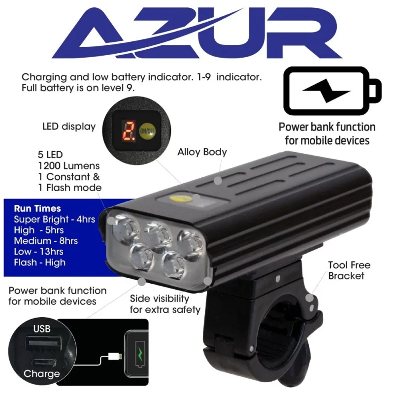 azur performance aurora 1200 lumens front light w power bank